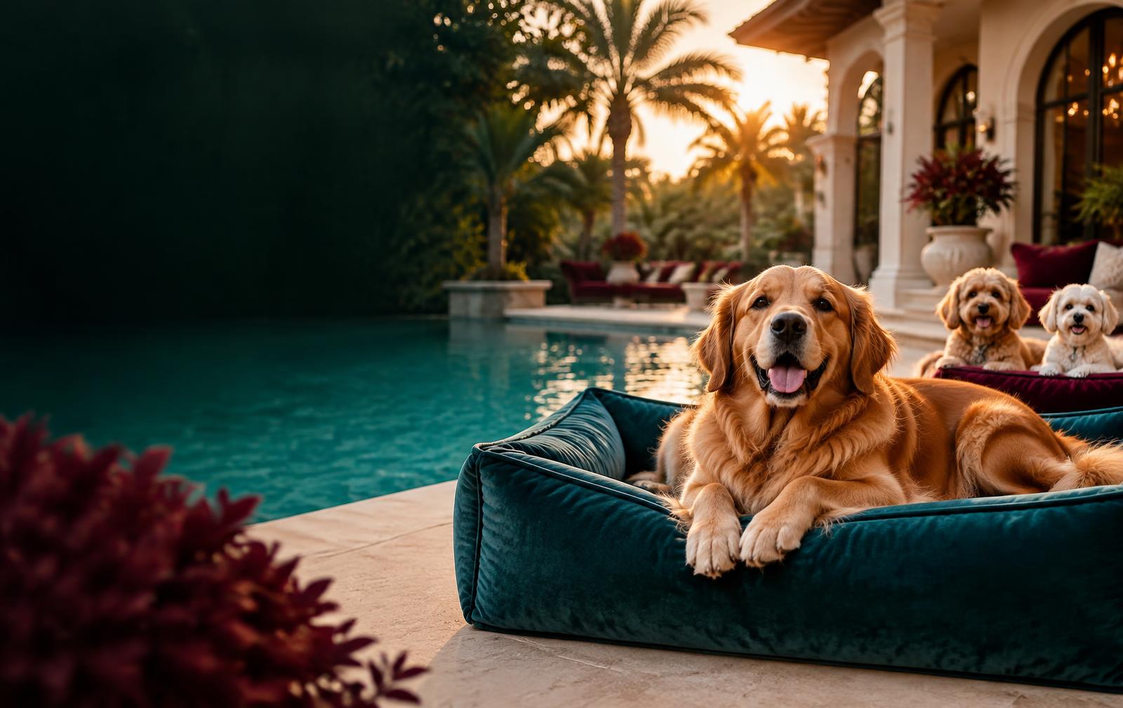 Happy dogs relaxing by the pool at Beverly Hills Paw Palace